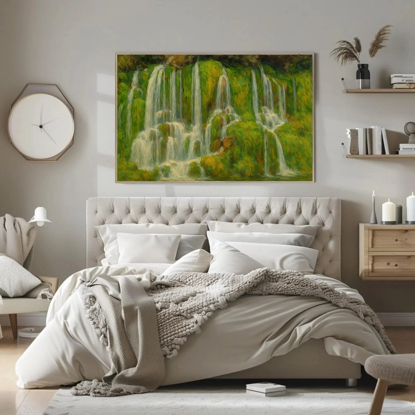 Green Moss Waterfall Canvas Wall Art for Spa Bathroom or Relaxing Zen Room – Serene Nature Landscape Painting on High Quality Canvas Wall Art – Canvas Print