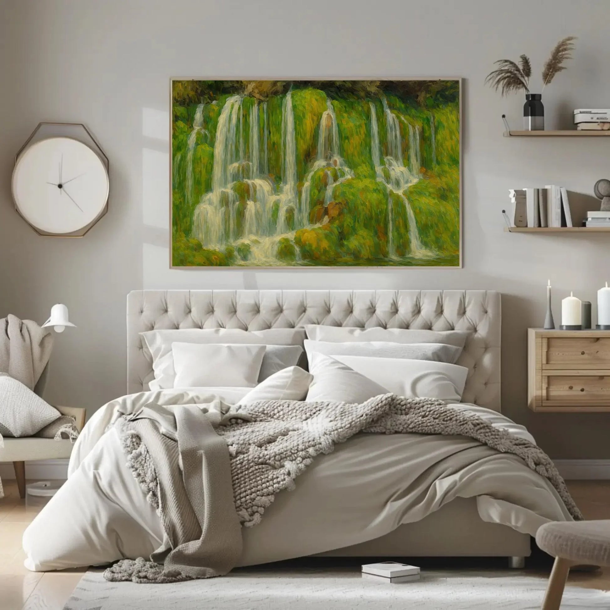 Green Moss Waterfall Canvas Wall Art for Spa Bathroom or Relaxing Zen Room – Serene Nature Landscape Painting on High Quality Canvas Wall Art – Canvas Print