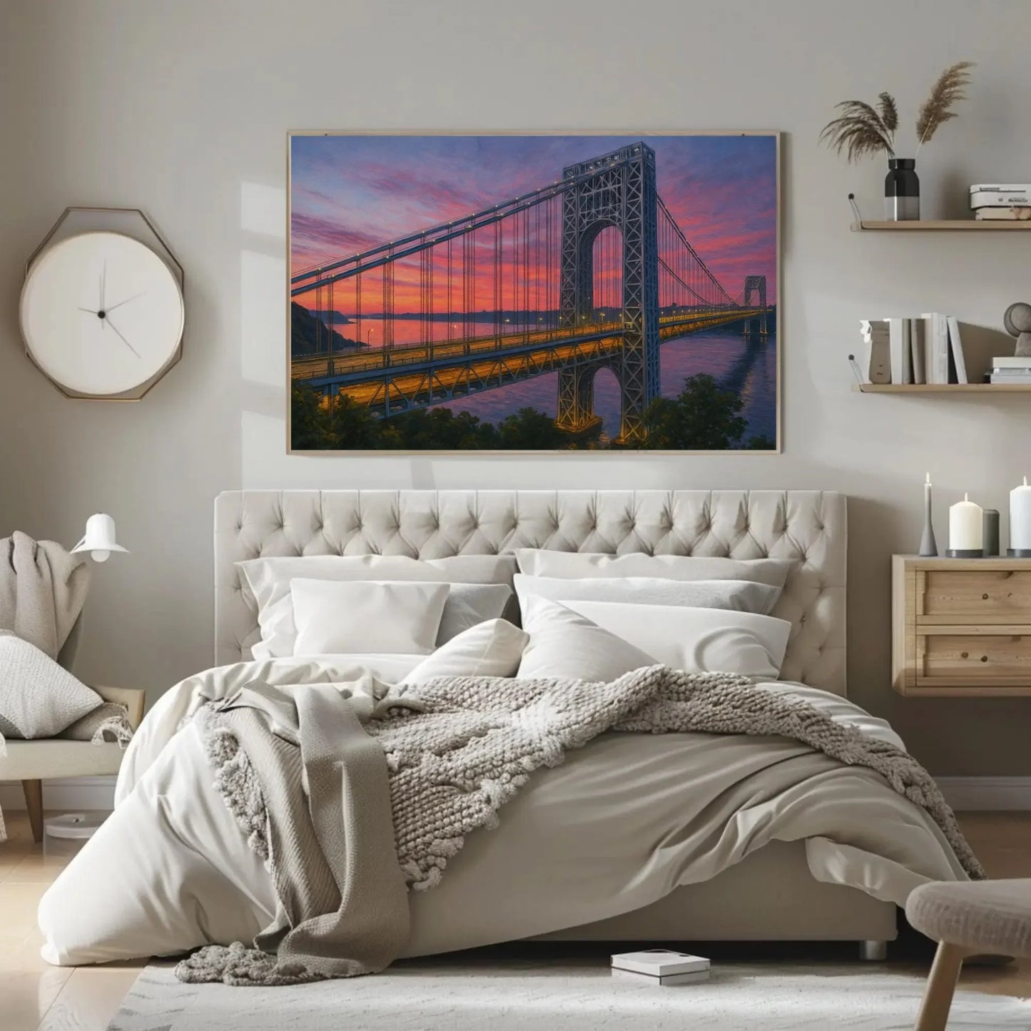 George Washington Bridge canvas wall art sunset New York skyline painting for living room or office decor romantic dusk cityscape view Wall Art – Canvas Print