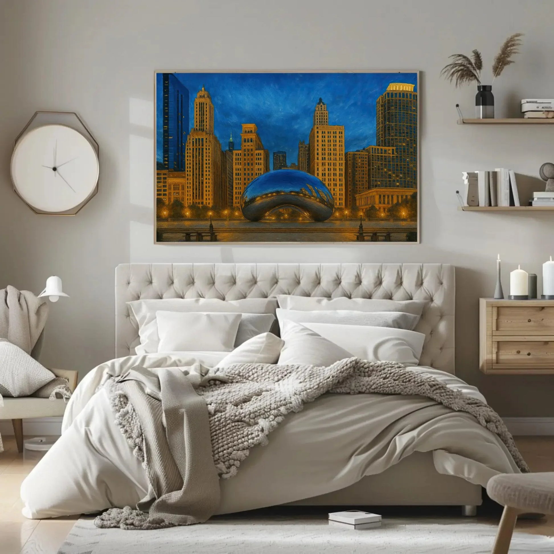 Chicago Cloud Gate bean canvas painting urban skyline wall art for modern home office living room or cityscape lover gift decor Wall Art – Canvas Print