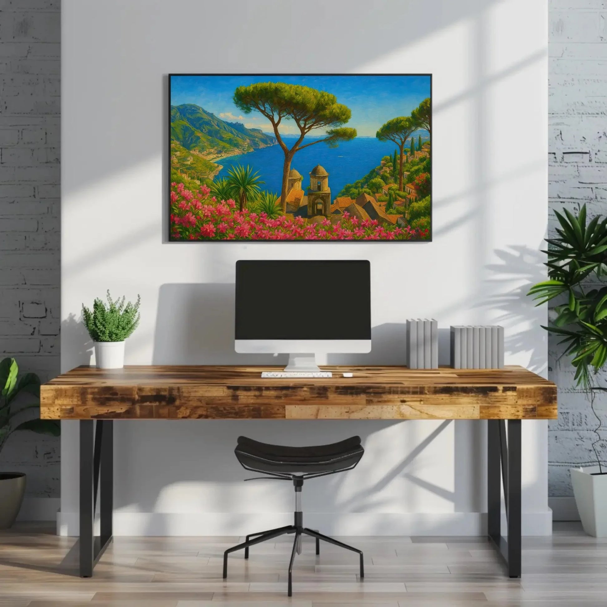 Ravello Amalfi Coast Canvas Painting Print Italy Seaside View Wall Art Mediterranean Landscape Flowers and Ocean Home Decor Print Wall Art – Canvas Print