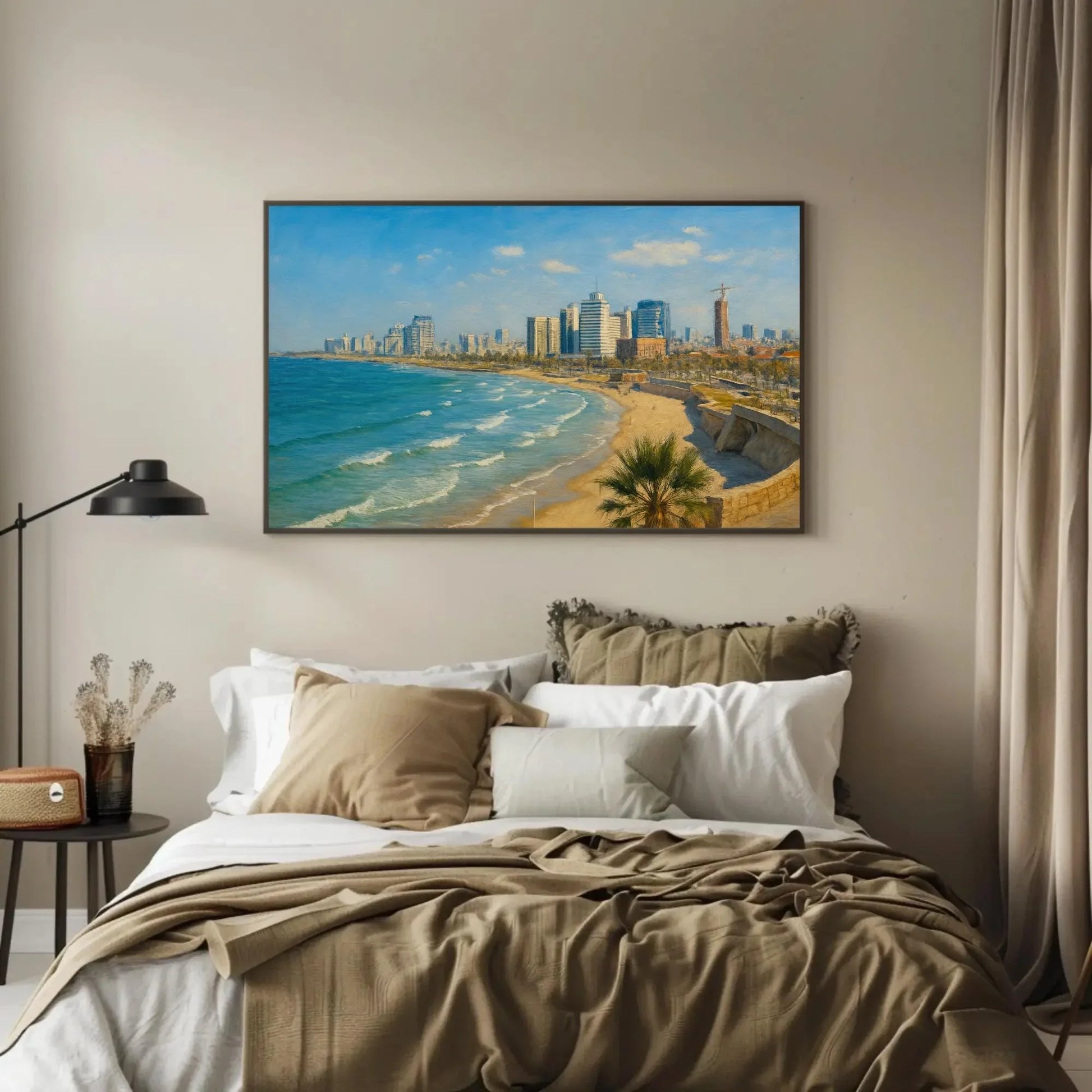 Tel Aviv Israel beach skyline canvas wall art modern cityscape painting for office or living room coastal decor Mediterranean print Wall Art – Canvas Print