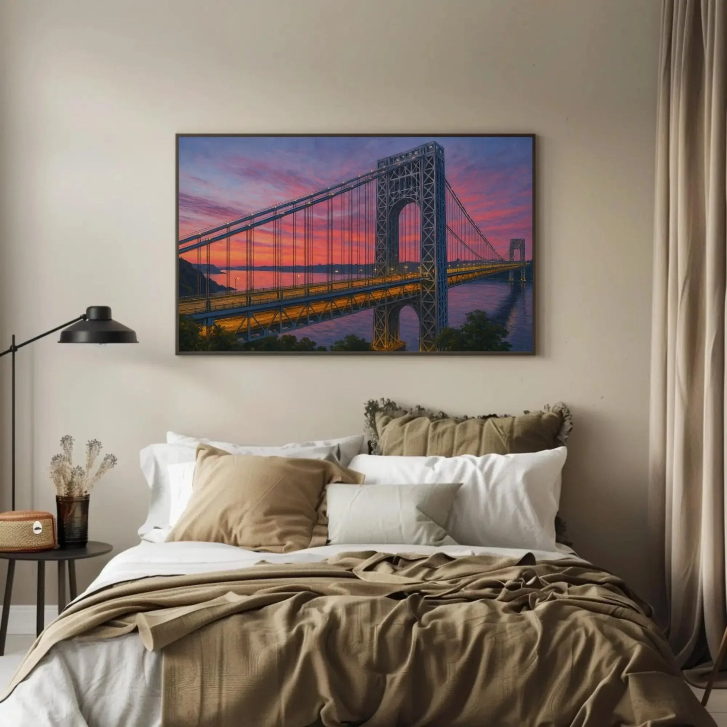 George Washington Bridge canvas wall art sunset New York skyline painting for living room or office decor romantic dusk cityscape view Wall Art – Canvas Print