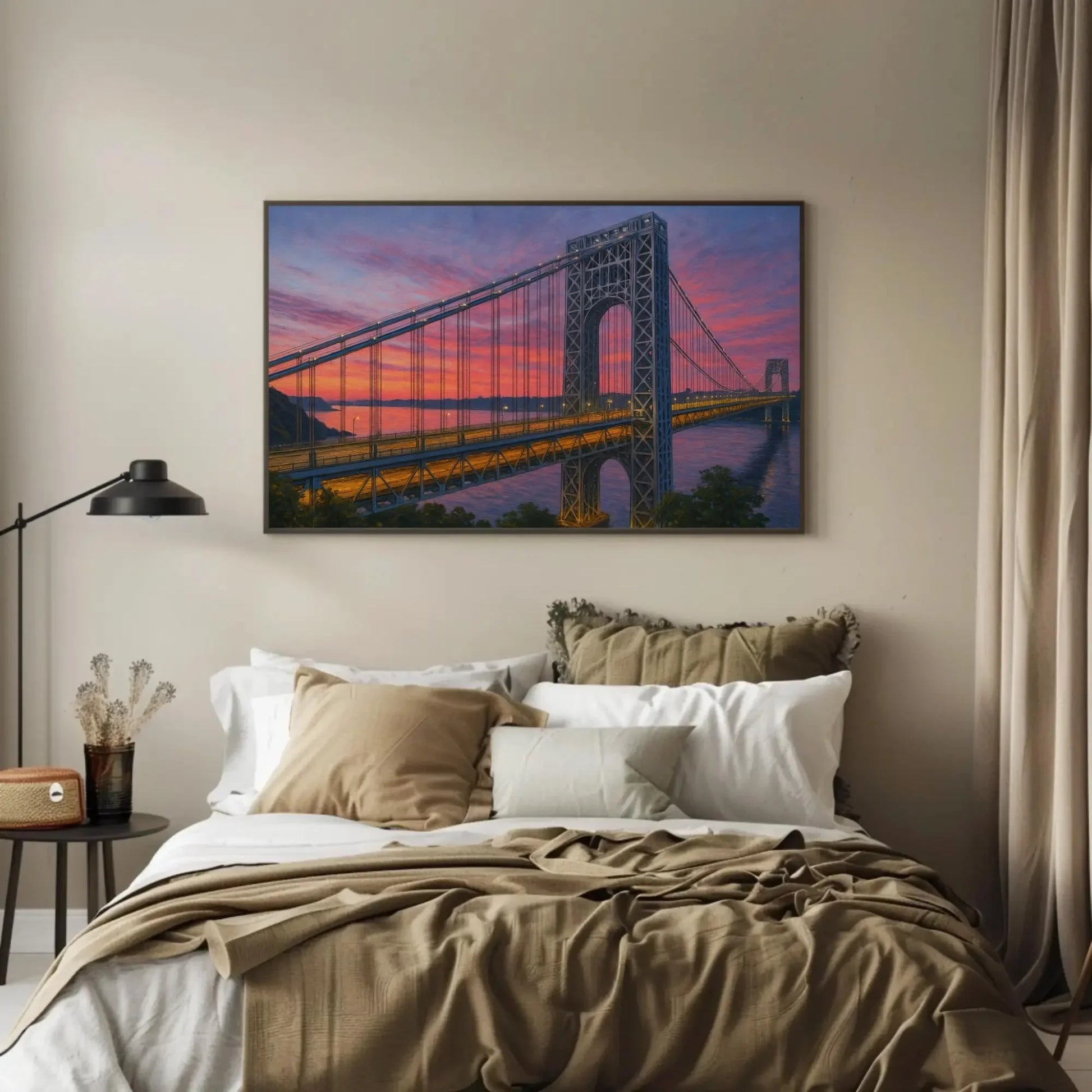 George Washington Bridge canvas wall art sunset New York skyline painting for living room or office decor romantic dusk cityscape view Wall Art – Canvas Print