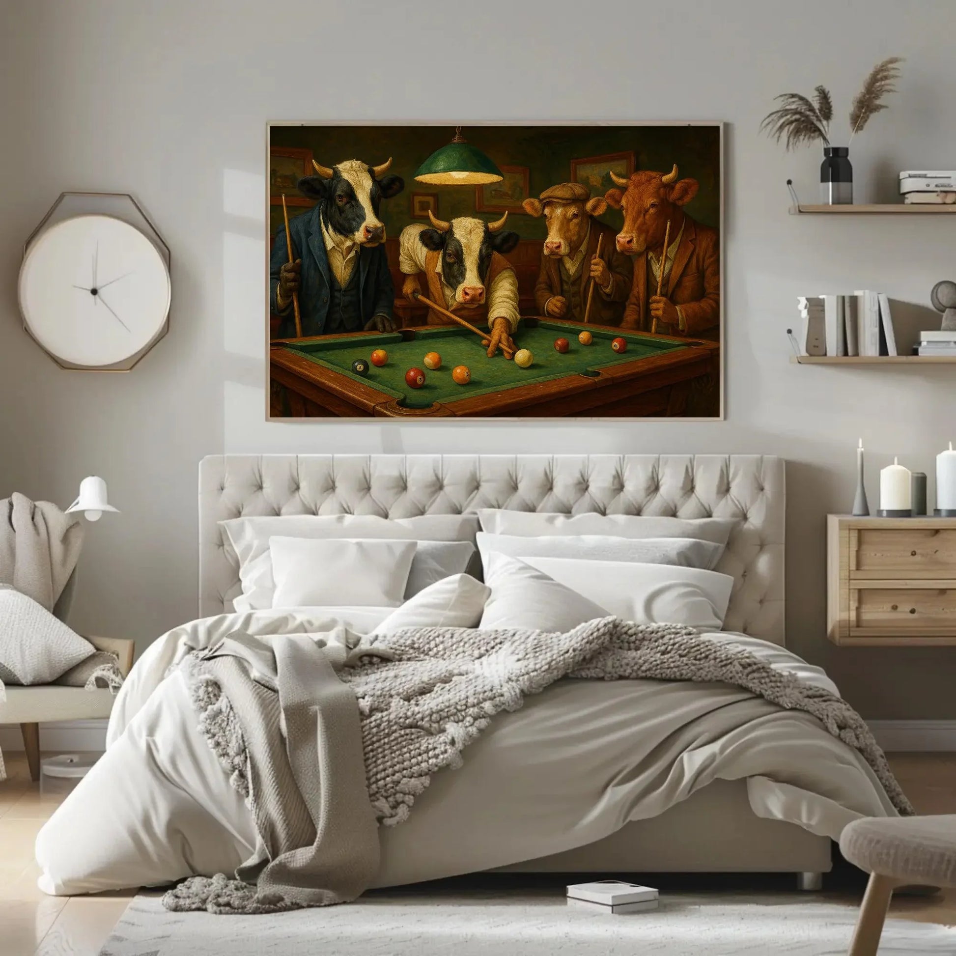 Cows Playing Pool Canvas Print Humorous Animal Billiards Painting with Dressed Cows Funny Farmhouse Wall Art for Bar or Game Room Wall Art – Canvas Print