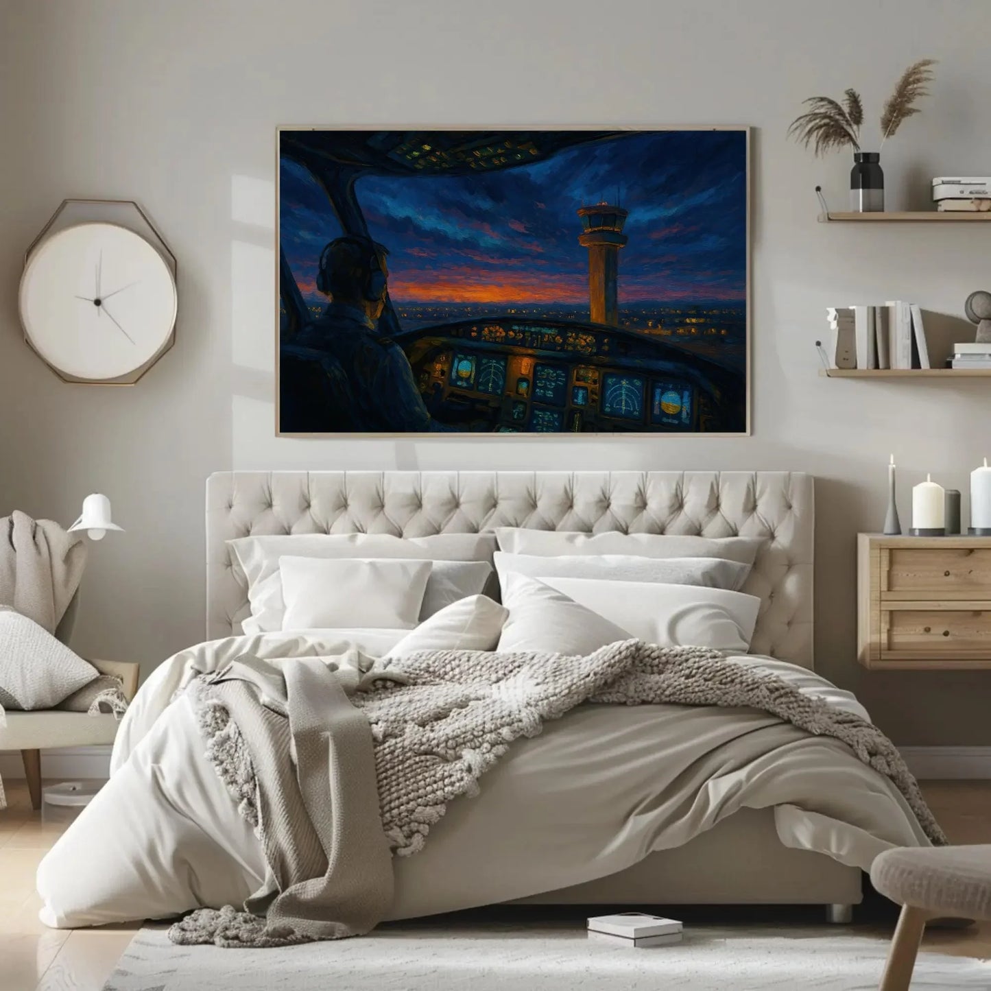 Pilot View Cockpit Painting Air Traffic Control Tower at Sunset Canvas Art for Aviator Office or Airplane Lover Gift Idea Wall Art – Canvas Print