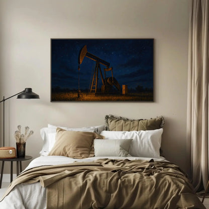 Oil Pump Jack Night Scene Canvas Print – Rustic Texas Oilfield Painting Wall Art for Western Decor, Industrial Field Energy Rig Artwork Wall Art – Canvas Print