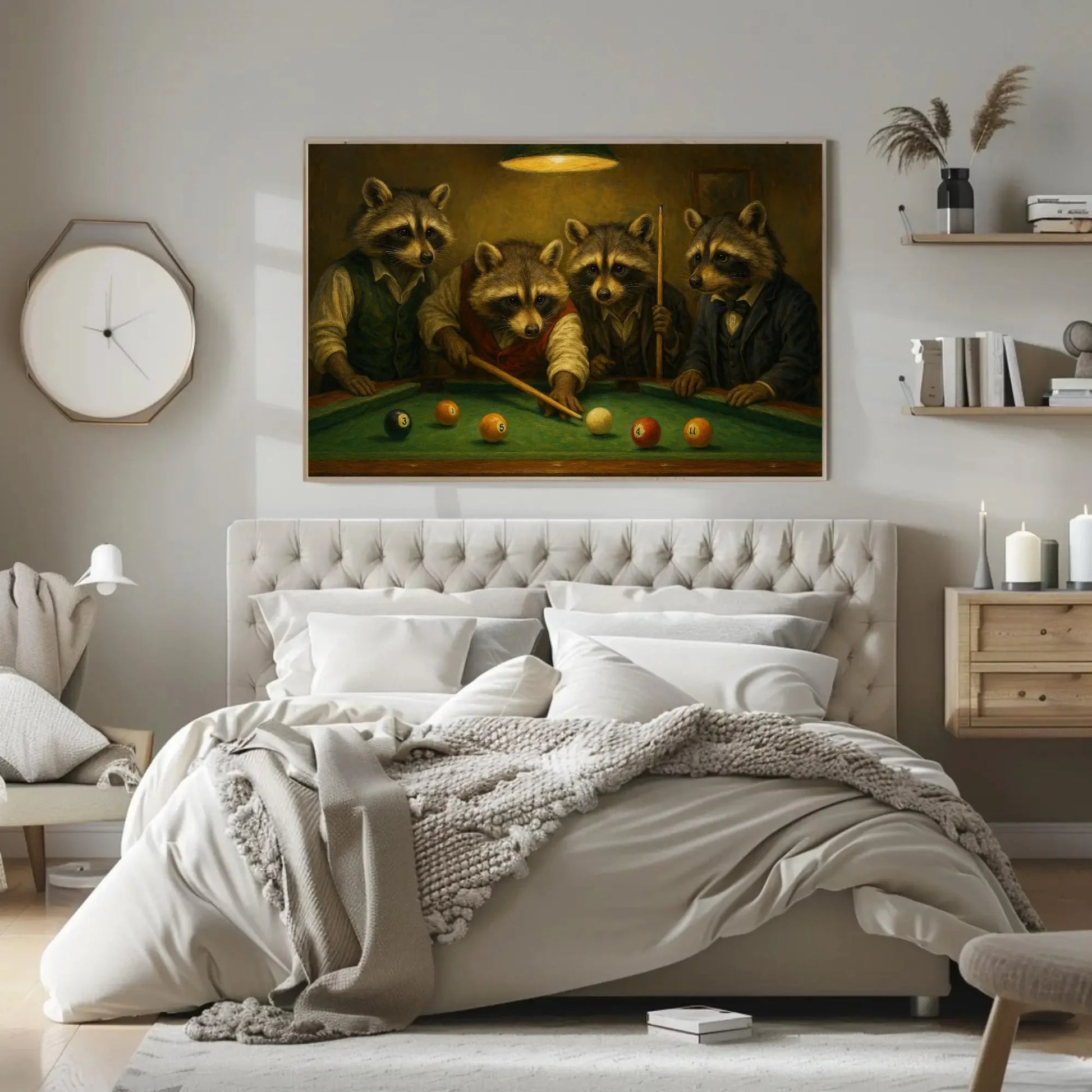 Raccoons Playing Pool Canvas Print Whimsical Animal Painting of Suited Raccoons Billiards Game Art for Bar Lounge or Man Cave Decor Wall Art – Canvas Print
