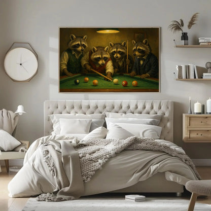 Raccoons Playing Pool Canvas Print Whimsical Animal Painting of Suited Raccoons Billiards Game Art for Bar Lounge or Man Cave Decor Wall Art – Canvas Print