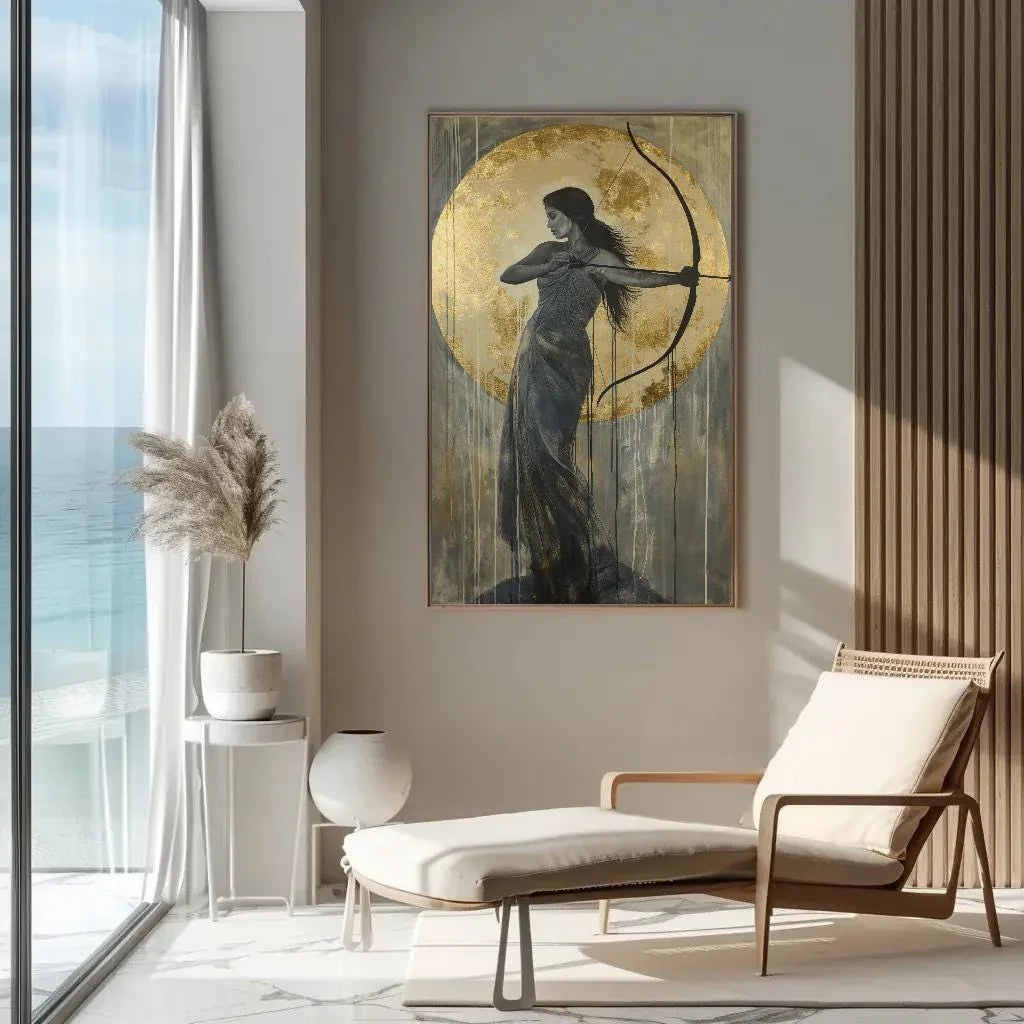 Artemis Greek Goddess with Bow and Gold Moon Canvas | Divine Feminine Art | Greek Mythology Wall Art for Living Room, Bedroom, Ready to Hang Wall Art – Canvas Print