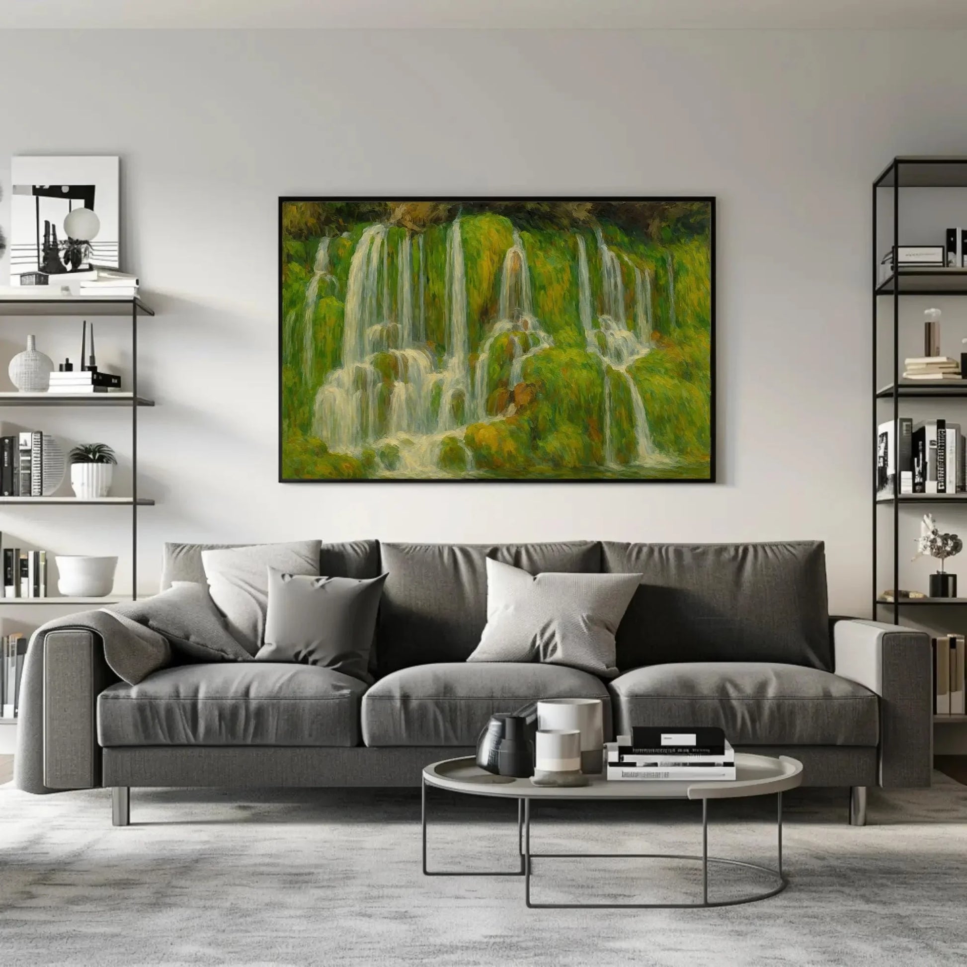 Green Moss Waterfall Canvas Wall Art for Spa Bathroom or Relaxing Zen Room – Serene Nature Landscape Painting on High Quality Canvas Wall Art – Canvas Print