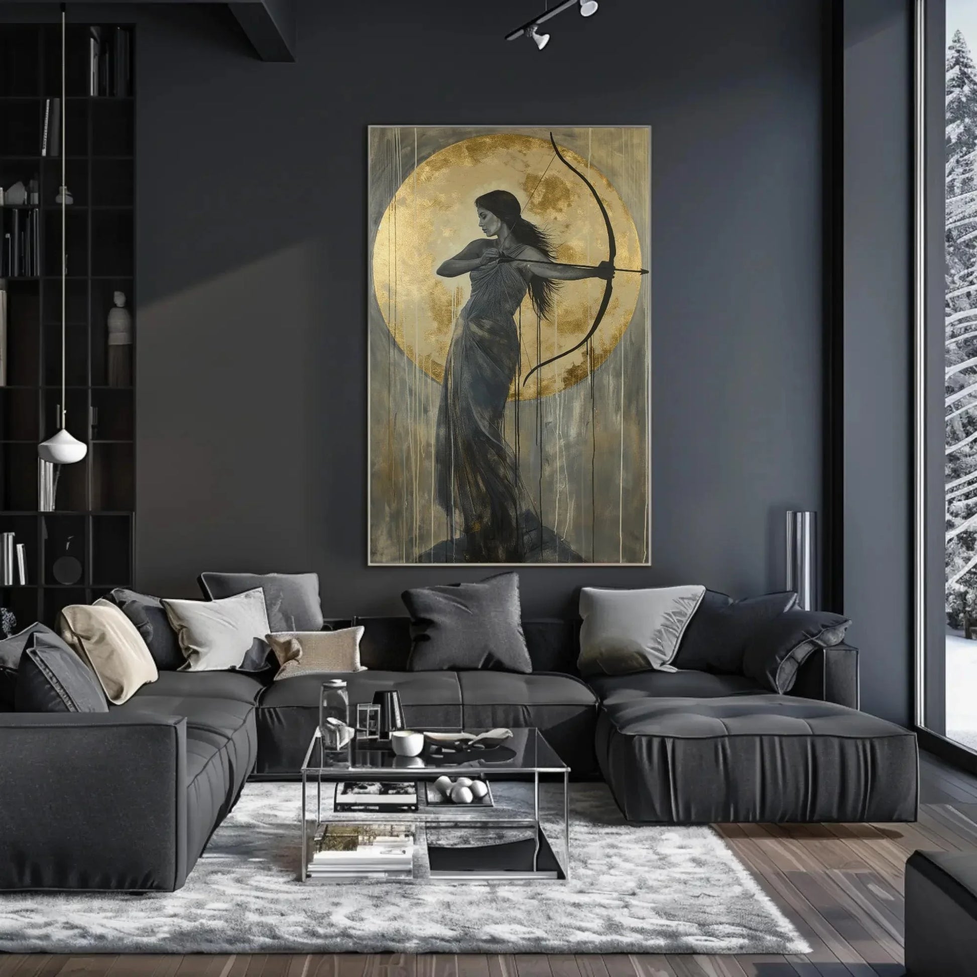 Artemis Greek Goddess with Bow and Gold Moon Canvas | Divine Feminine Art | Greek Mythology Wall Art for Living Room, Bedroom, Ready to Hang Wall Art – Canvas Print