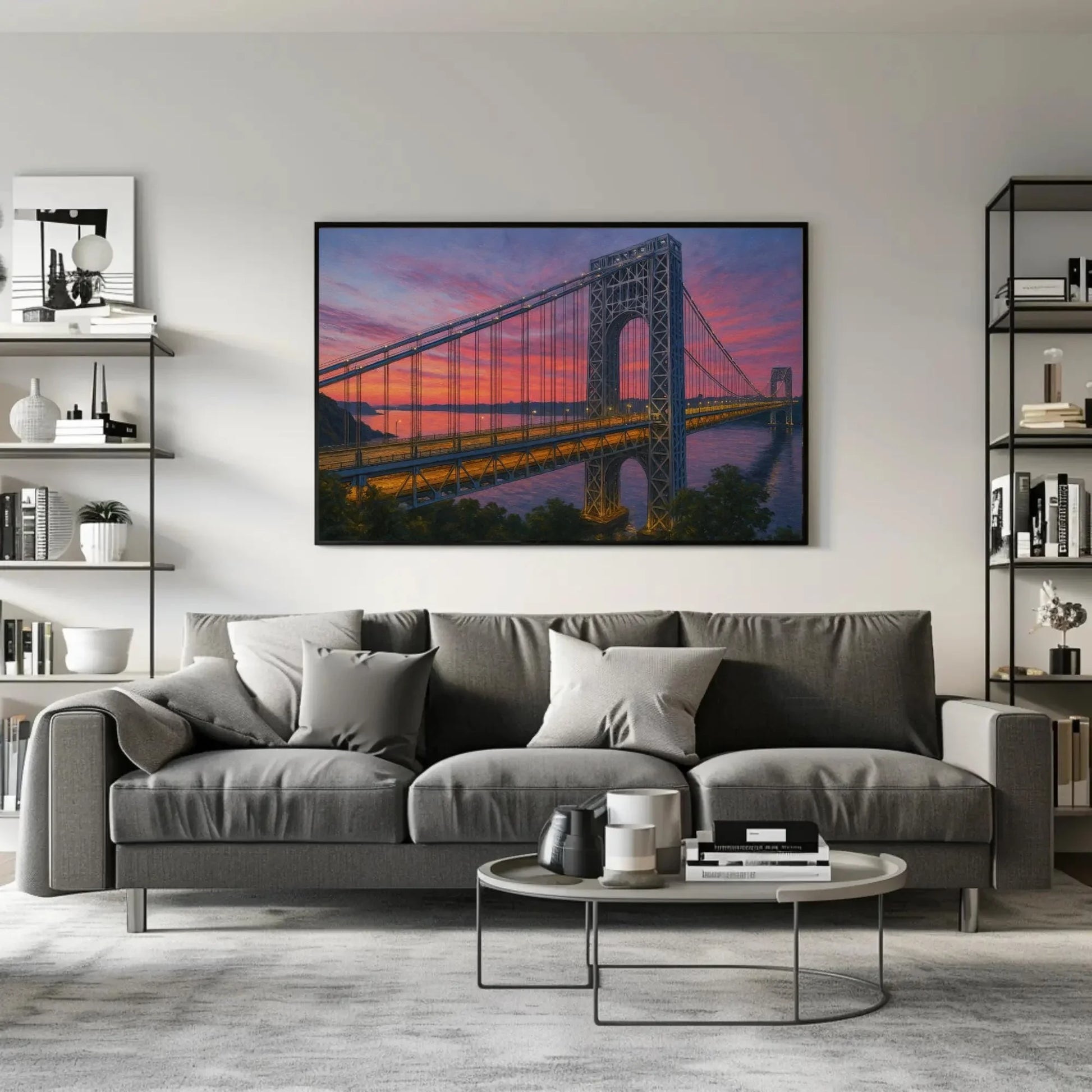George Washington Bridge canvas wall art sunset New York skyline painting for living room or office decor romantic dusk cityscape view Wall Art – Canvas Print