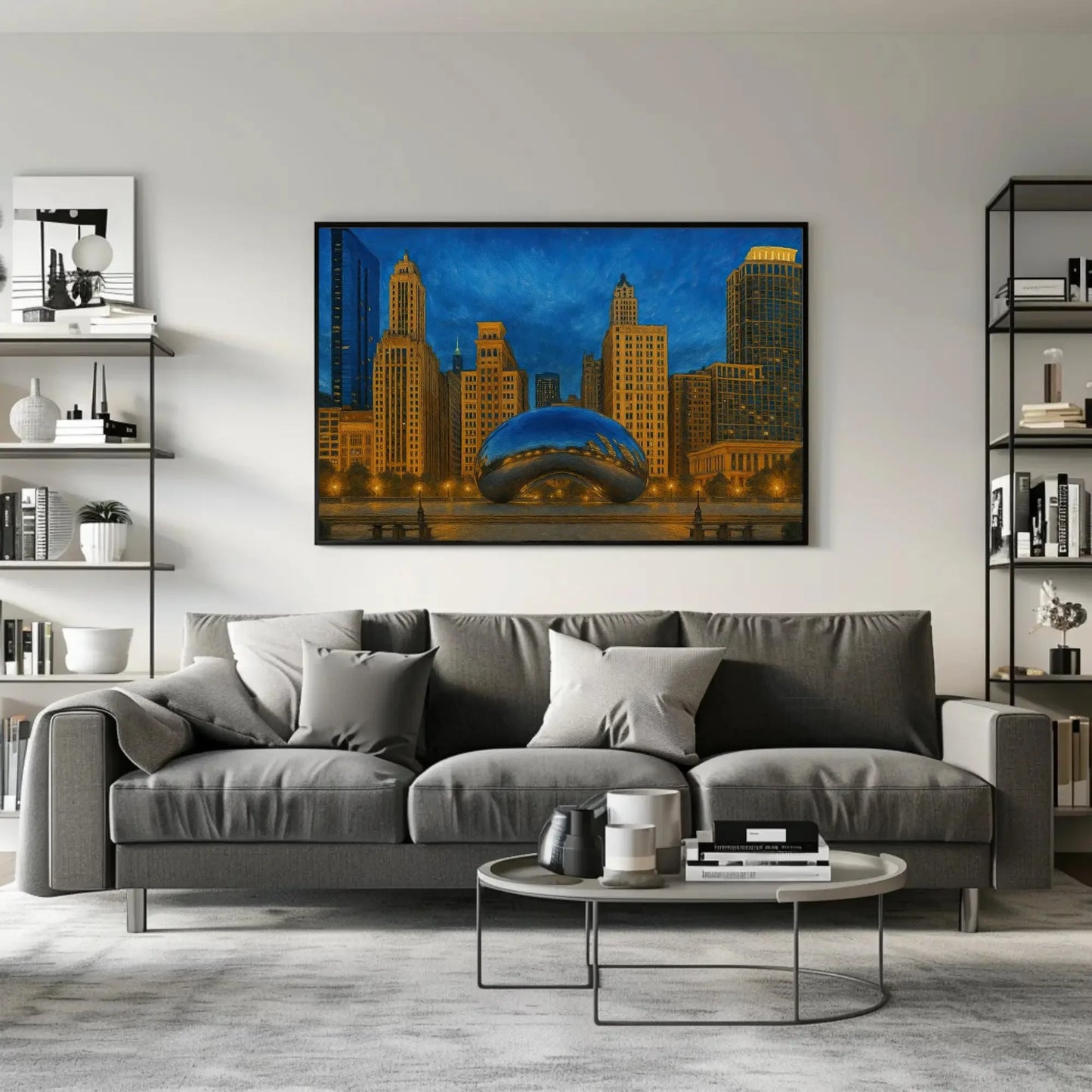Chicago Cloud Gate bean canvas painting urban skyline wall art for modern home office living room or cityscape lover gift decor Wall Art – Canvas Print