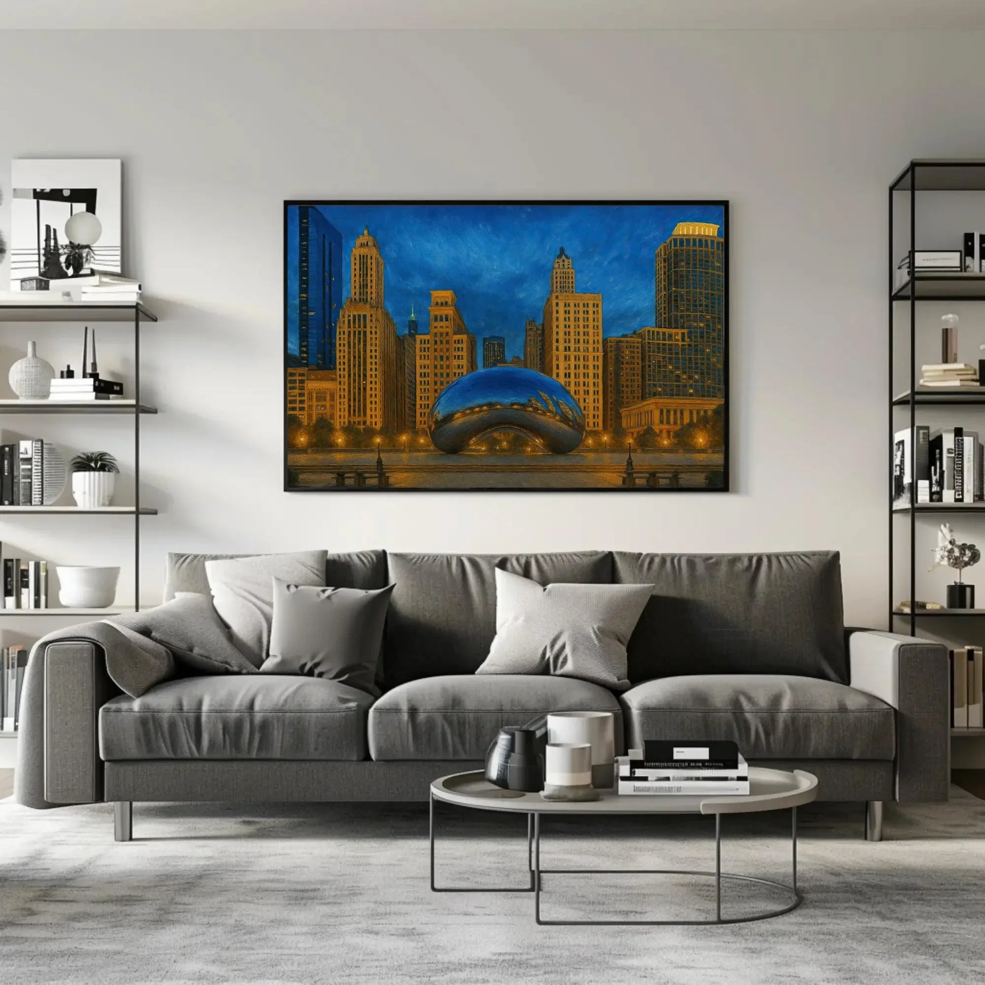 Chicago Cloud Gate bean canvas painting urban skyline wall art for modern home office living room or cityscape lover gift decor Wall Art – Canvas Print