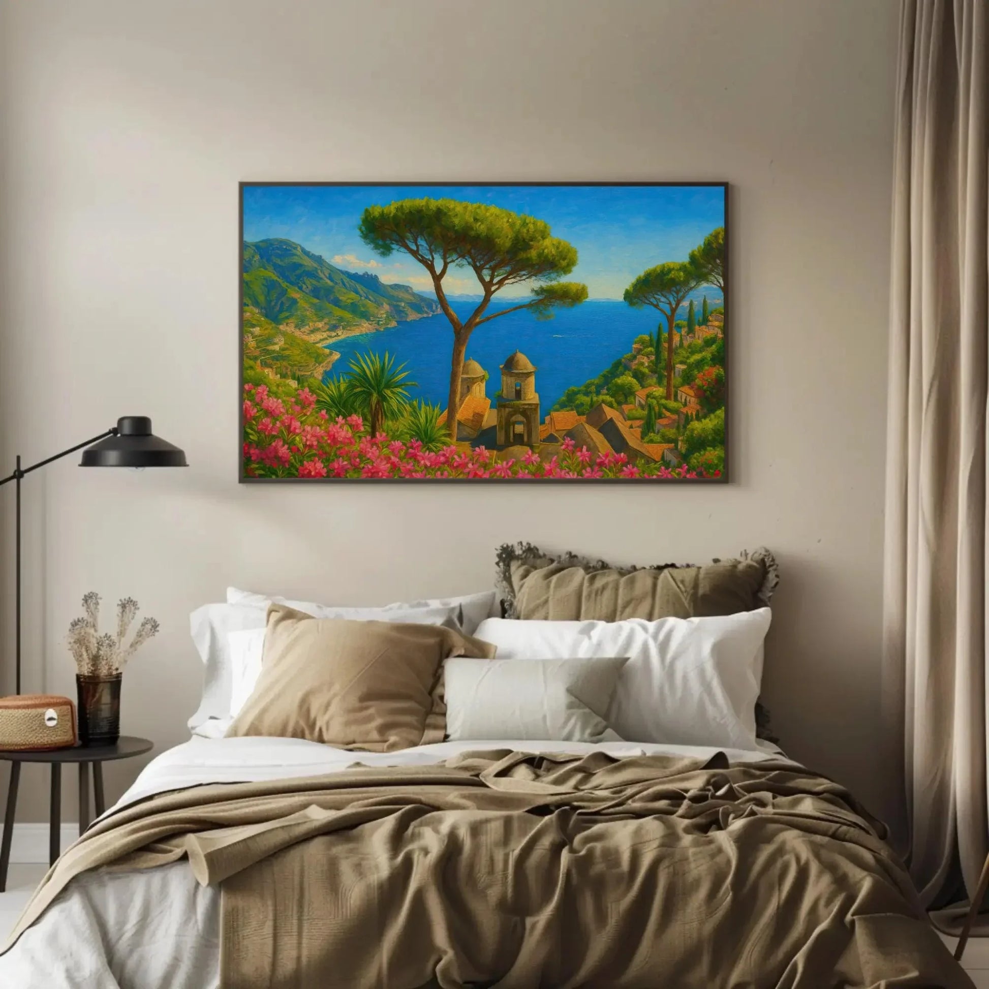 Ravello Amalfi Coast Canvas Painting Print Italy Seaside View Wall Art Mediterranean Landscape Flowers and Ocean Home Decor Print Wall Art – Canvas Print
