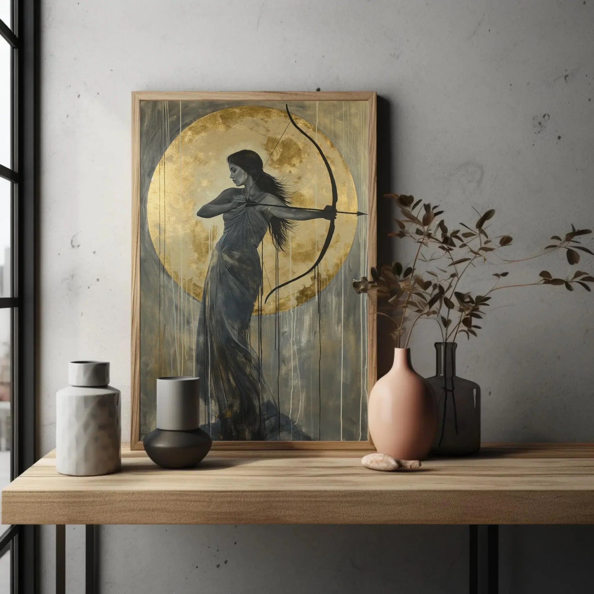 Artemis Greek Goddess with Bow and Gold Moon Canvas | Divine Feminine Art | Greek Mythology Wall Art for Living Room, Bedroom, Ready to Hang Wall Art – Canvas Print
