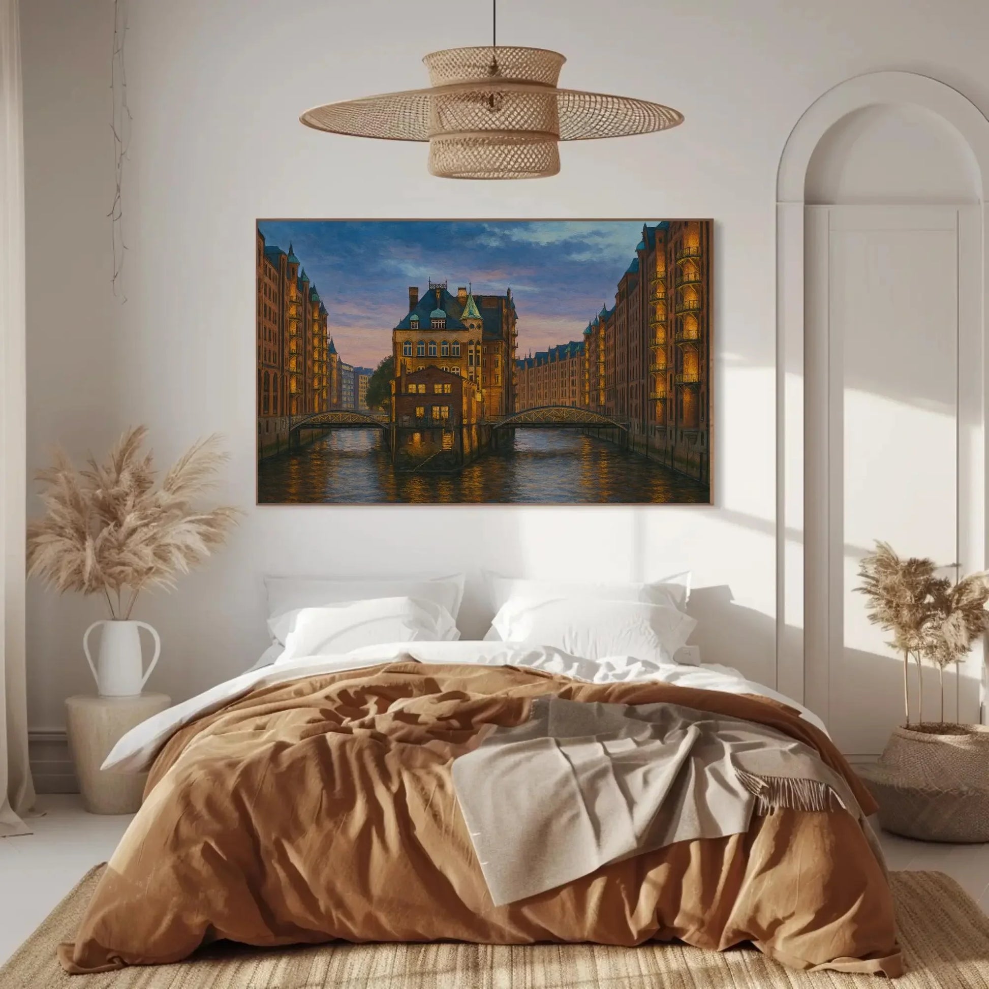 Speicherstadt Hamburg Germany at Dusk – Historic Canal District Canvas Painting – European Architecture Cityscape Wall Art Wall Art – Canvas Print