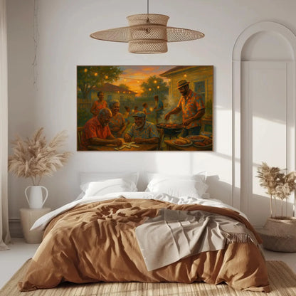 Black family barbecue canvas painting summer evening wall art for dining room kitchen or nostalgic home decor with joyful moments Wall Art – Canvas Print