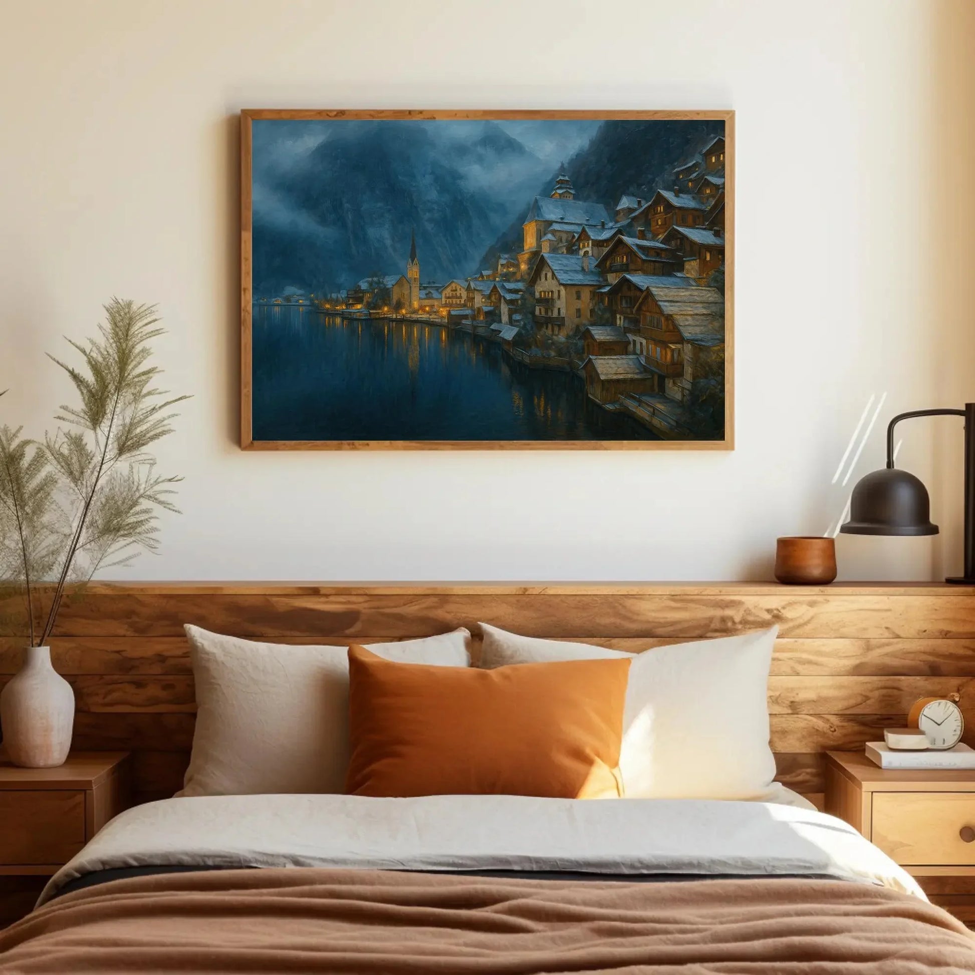 Snowy Night in Hallstatt Austria Canvas Print Magical Winter Village Lake Scene Wall Art for Cozy Mountain Home Decor Wall Art – Canvas Print