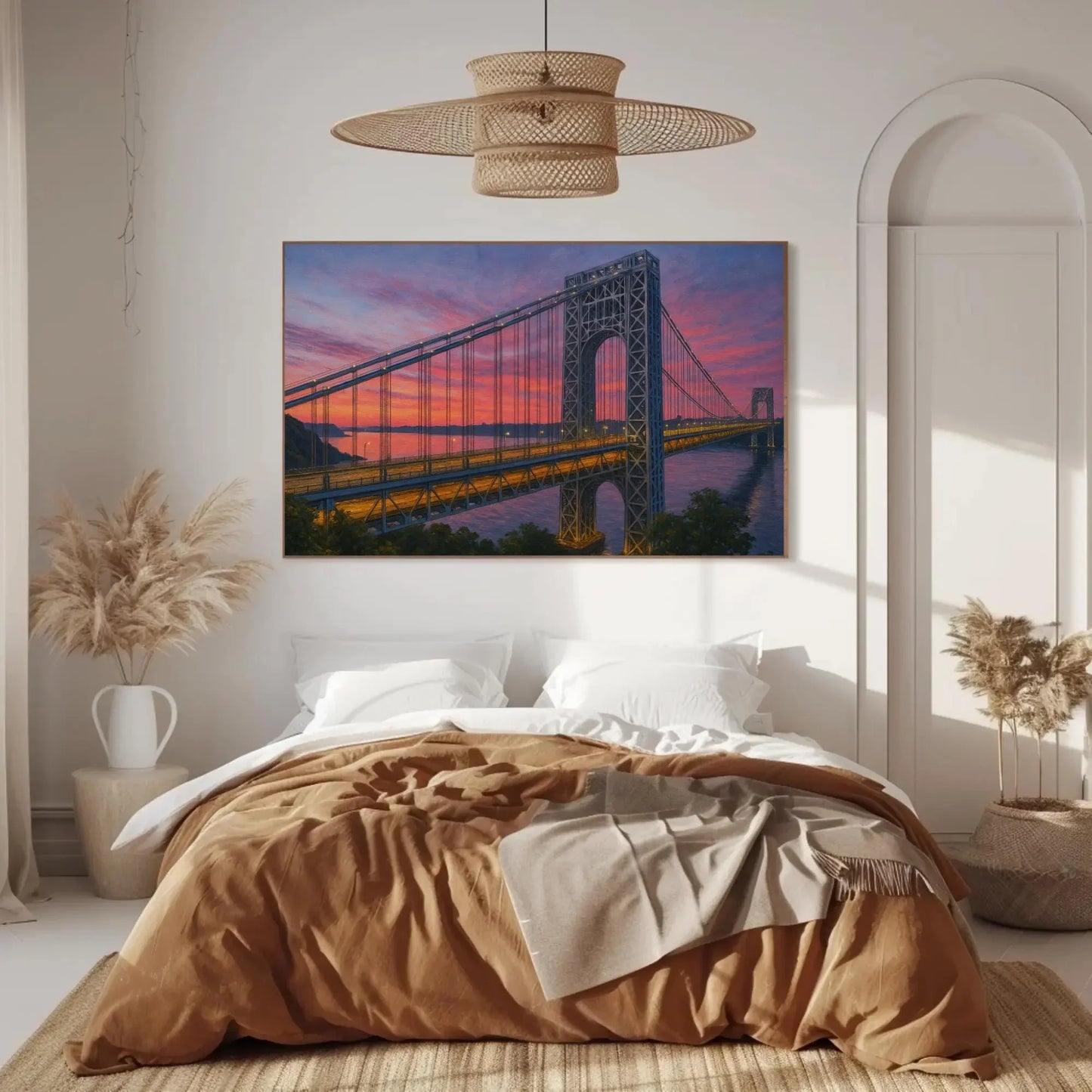 George Washington Bridge canvas wall art sunset New York skyline painting for living room or office decor romantic dusk cityscape view Wall Art – Canvas Print