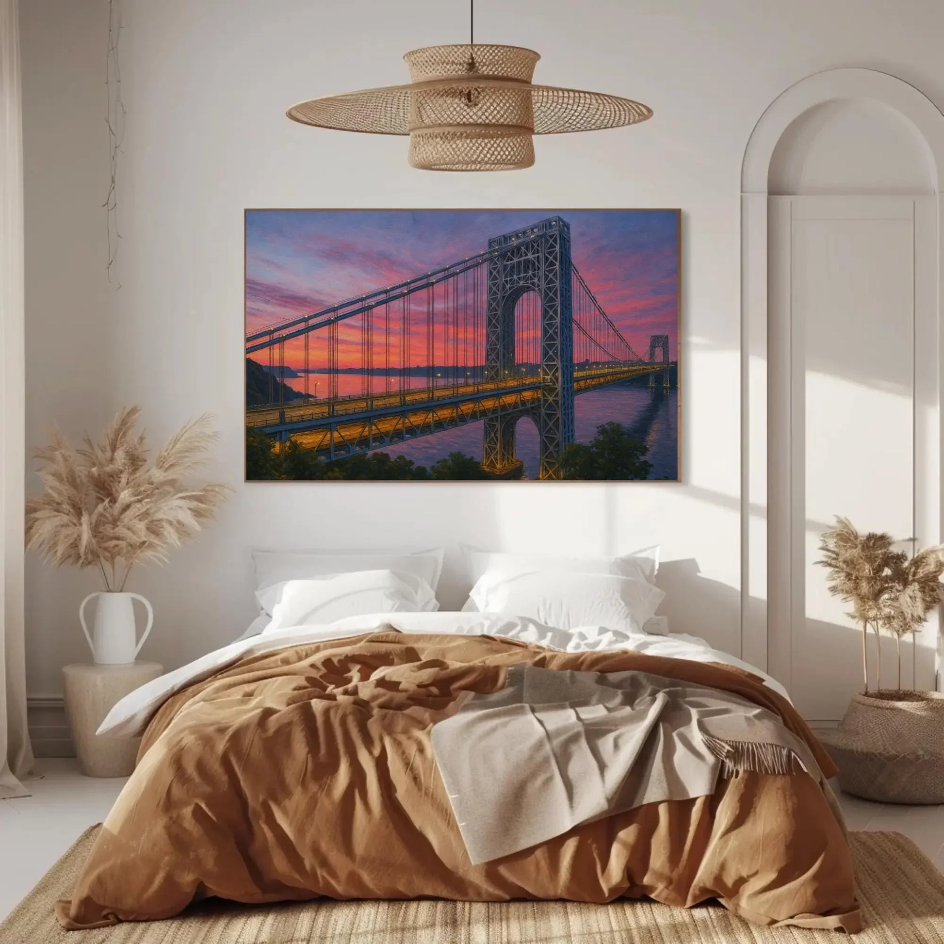 George Washington Bridge canvas wall art sunset New York skyline painting for living room or office decor romantic dusk cityscape view Wall Art – Canvas Print
