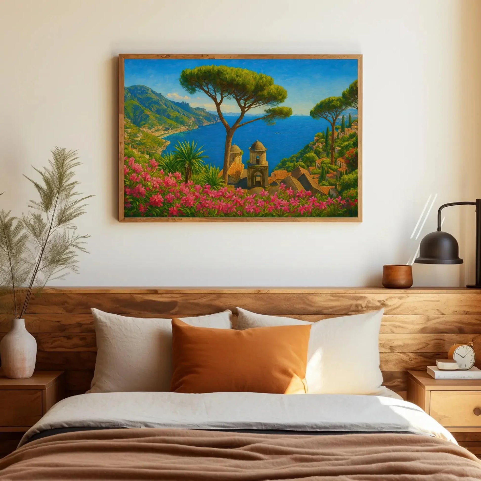 Ravello Amalfi Coast Canvas Painting Print Italy Seaside View Wall Art Mediterranean Landscape Flowers and Ocean Home Decor Print Wall Art – Canvas Print