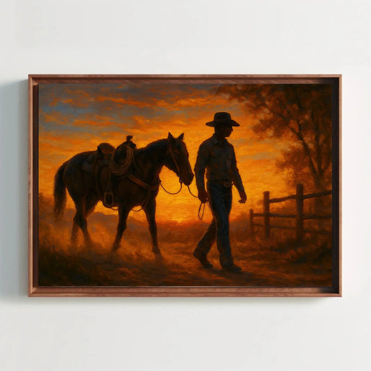 Cowboy and Horse Sunset Canvas Print – Western Ranch Wall Art Painting for Rustic Country Home Decor, Cowboy Silhouette Orange Sky Wall Art – Canvas Print