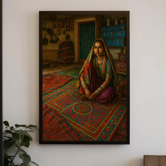 Traditional Gujarati Woman in Vibrant Rural Home Interior Sitting on Red Blue Rug Canvas Painting Cultural Wall Art Print Wall Art – Canvas Print