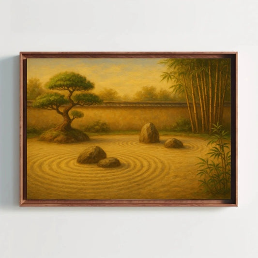 Tranquil Japanese Zen Garden Wall Art Canvas Print with Raked Sand Bonsai and Bamboo Trees for Peaceful Minimalist Asian Home Decor Wall Art – Canvas Print