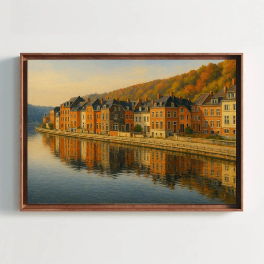 Dinant Belgium Riverside Canvas Wall Art – Reflections of Historic Townhouses Painting for European Travel Home Decor Wall Art – Canvas Print