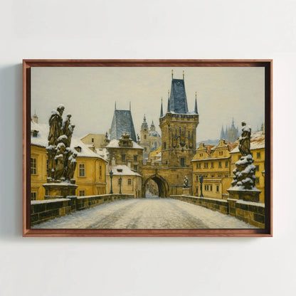 Charles Bridge Prague Winter Canvas Painting Print Czech Cityscape Wall Art Snowy Gothic Architecture Artwork for Living Room Decor Wall Art – Canvas Print