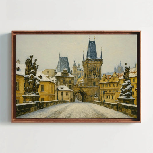 Charles Bridge Prague Winter Canvas Painting Print Czech Cityscape Wall Art Snowy Gothic Architecture Artwork for Living Room Decor Wall Art – Canvas Print
