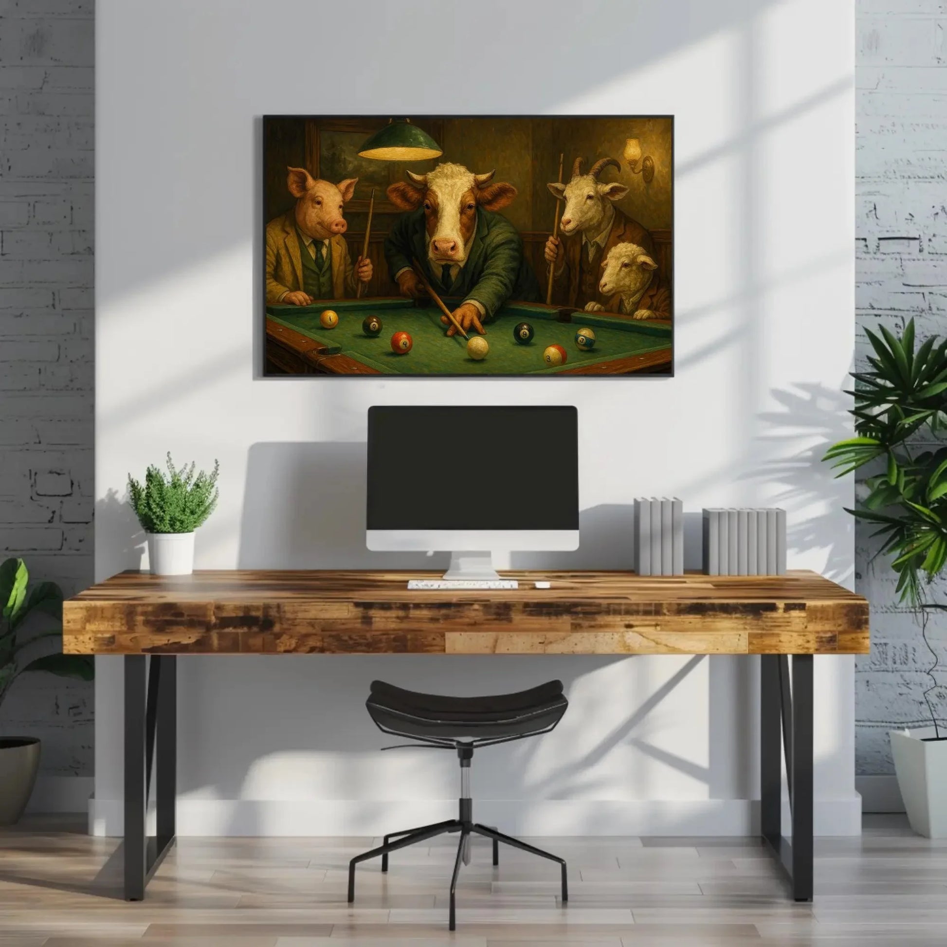 Farm Animal Pool Game Canvas Print Funny Art of Pig Cow Goat and Sheep Playing Billiards Suited Animals Wall Decor for Bar or Game Room Wall Art – Canvas Print