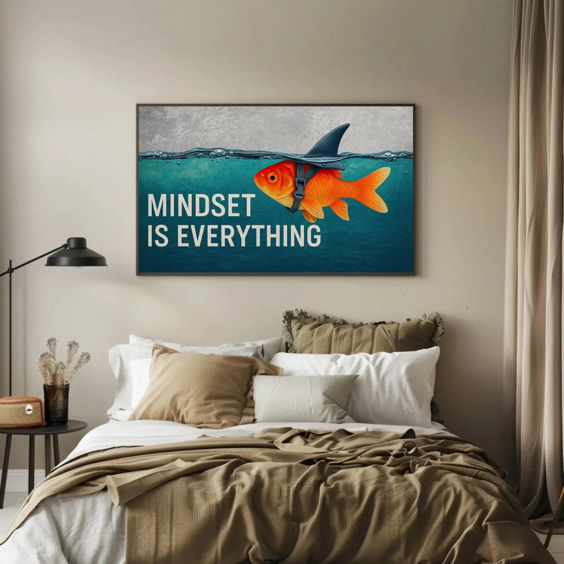 Mindset Is Everything Canvas Print, Extra Large Motivational Blue Goldfish with Shark Fin Wall Art, Inspirational Decor for Office, Gym Wall Art – Canvas Print