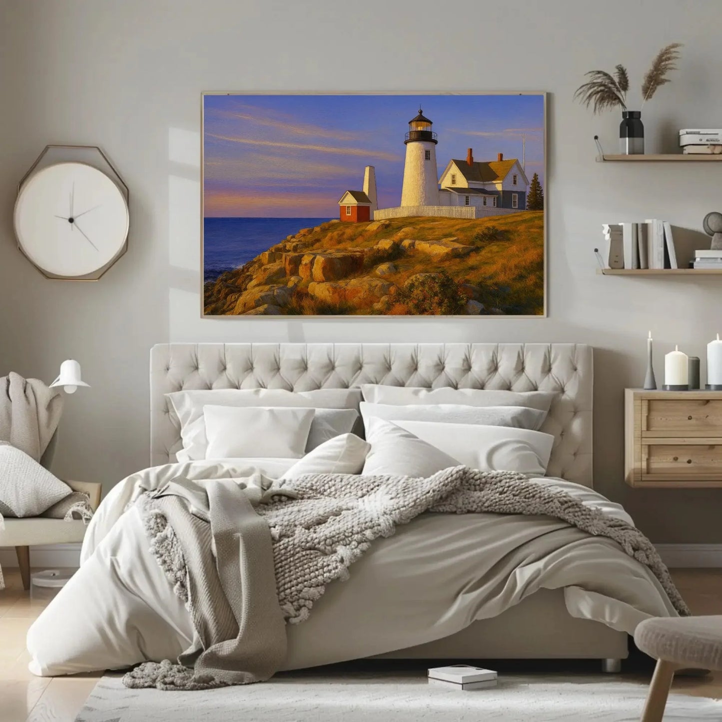 Maine lighthouse canvas wall art print coastal cliff sunset painting for beach house decor living room or nautical themed interiors Wall Art – Canvas Print