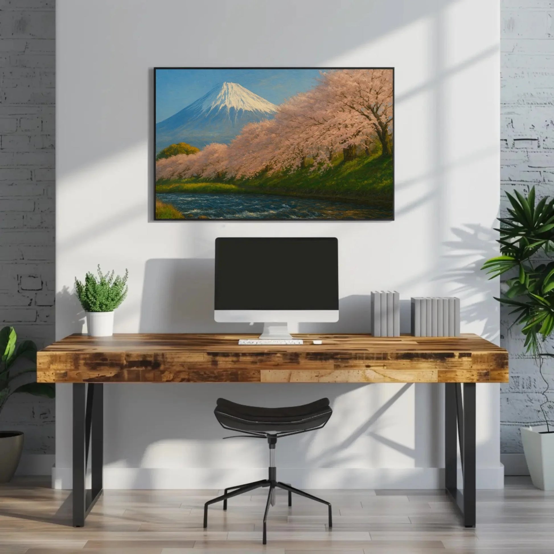 Mount Fuji and Cherry Blossom Wall Art Canvas Print with Spring Sakura Trees and Flowing River in Serene Japanese Landscape Painting Wall Art – Canvas Print