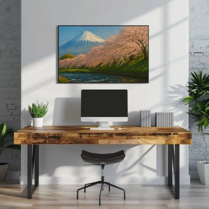 Mount Fuji and Cherry Blossom Wall Art Canvas Print with Spring Sakura Trees and Flowing River in Serene Japanese Landscape Painting Wall Art – Canvas Print