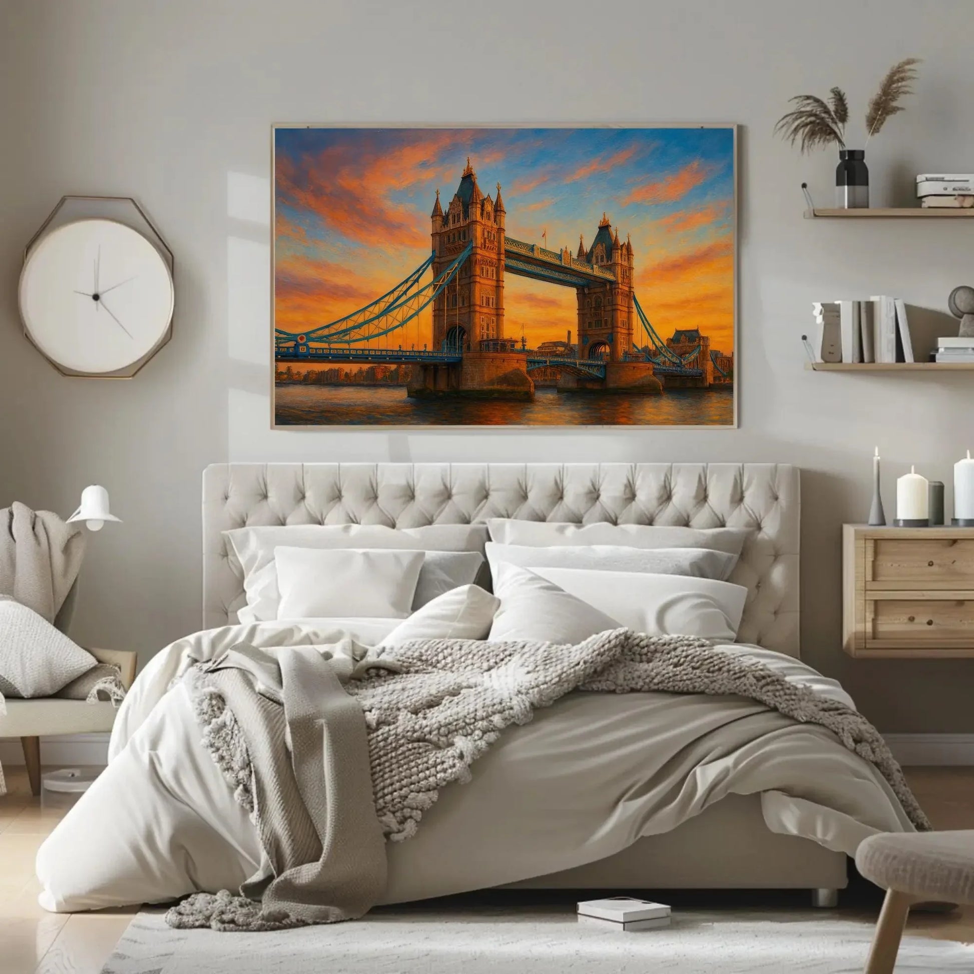 Tower Bridge London Canvas Print – UK Sunset Landscape Painting – Iconic Landmark Cityscape Wall Art for Modern Home Decor Wall Art – Canvas Print
