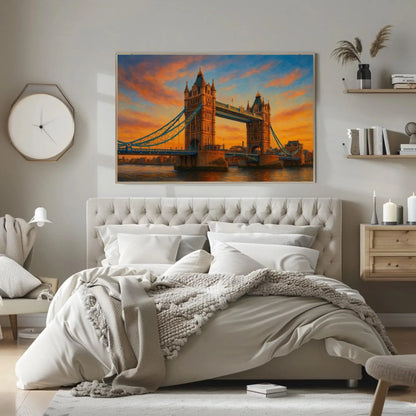Tower Bridge London Canvas Print – UK Sunset Landscape Painting – Iconic Landmark Cityscape Wall Art for Modern Home Decor Wall Art – Canvas Print