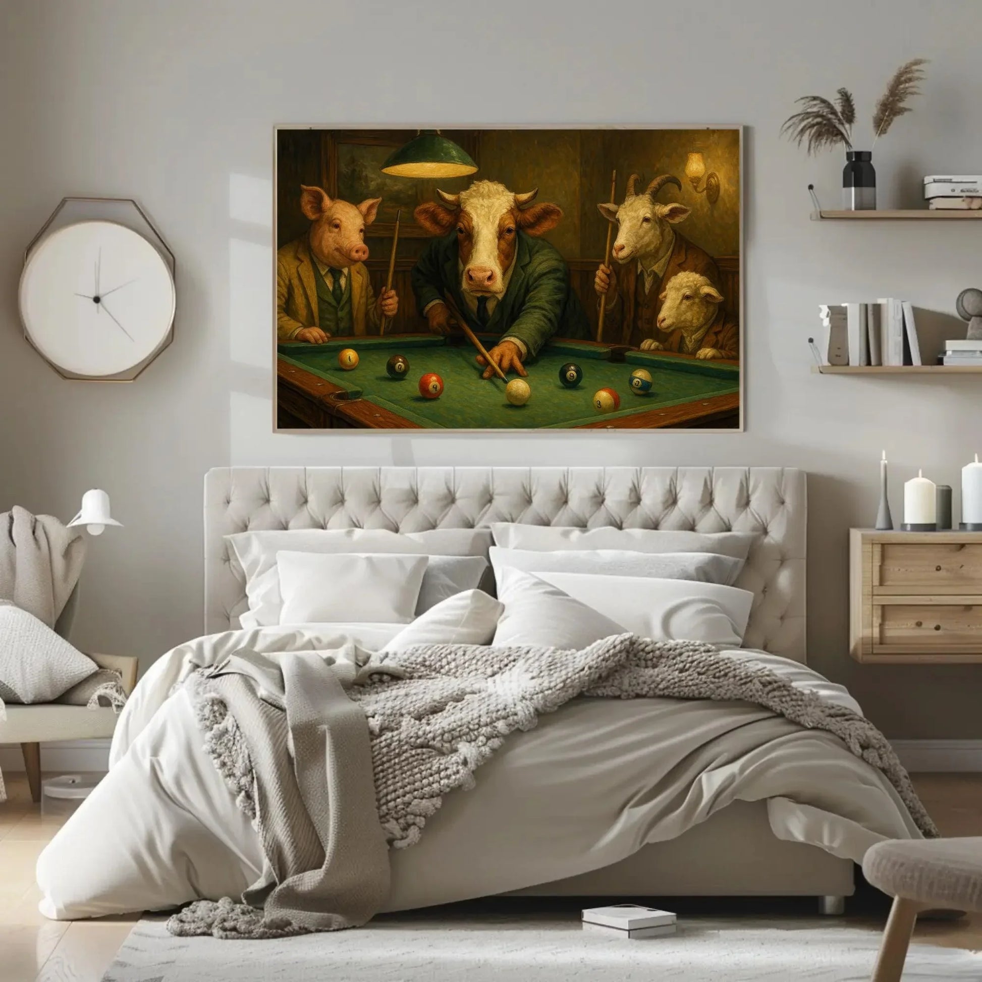 Farm Animal Pool Game Canvas Print Funny Art of Pig Cow Goat and Sheep Playing Billiards Suited Animals Wall Decor for Bar or Game Room Wall Art – Canvas Print
