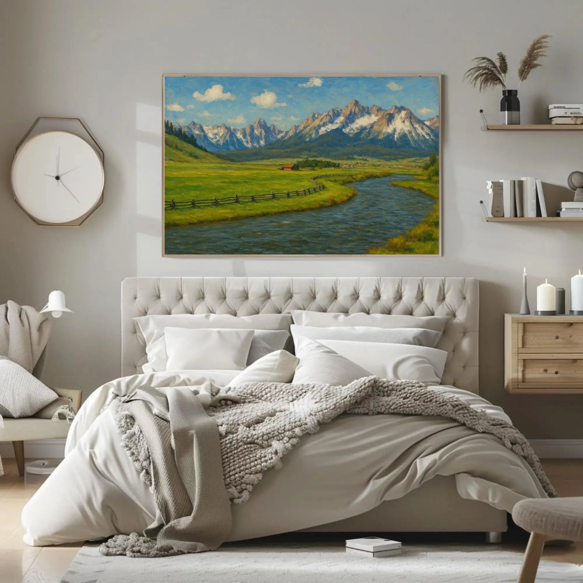 Teton Mountains and Snake River Canvas Art Print for Office or Lodge Wall Decor – Rustic Nature Landscape Painting for Country Homes Wall Art – Canvas Print