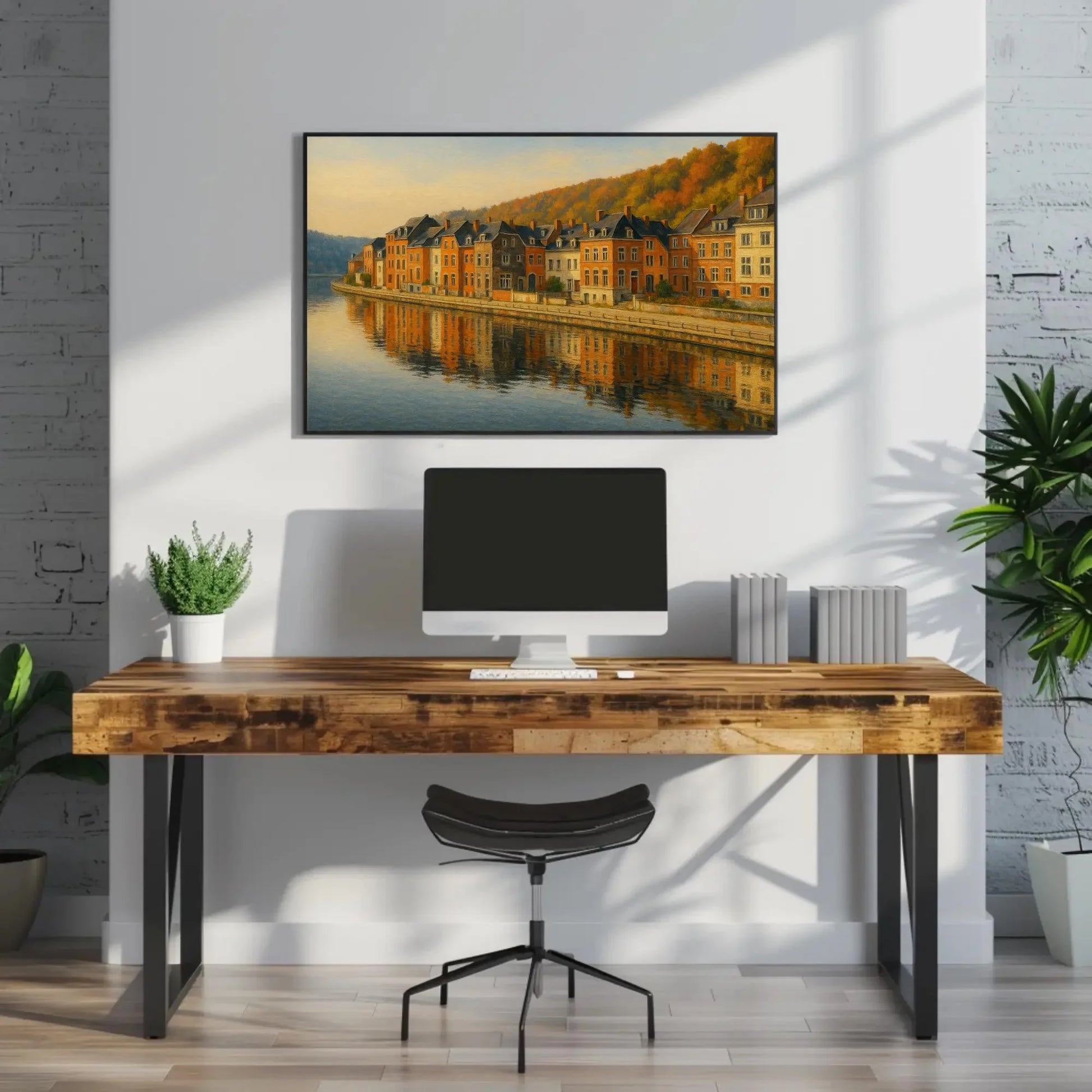 Dinant Belgium Riverside Canvas Wall Art – Reflections of Historic Townhouses Painting for European Travel Home Decor Wall Art – Canvas Print