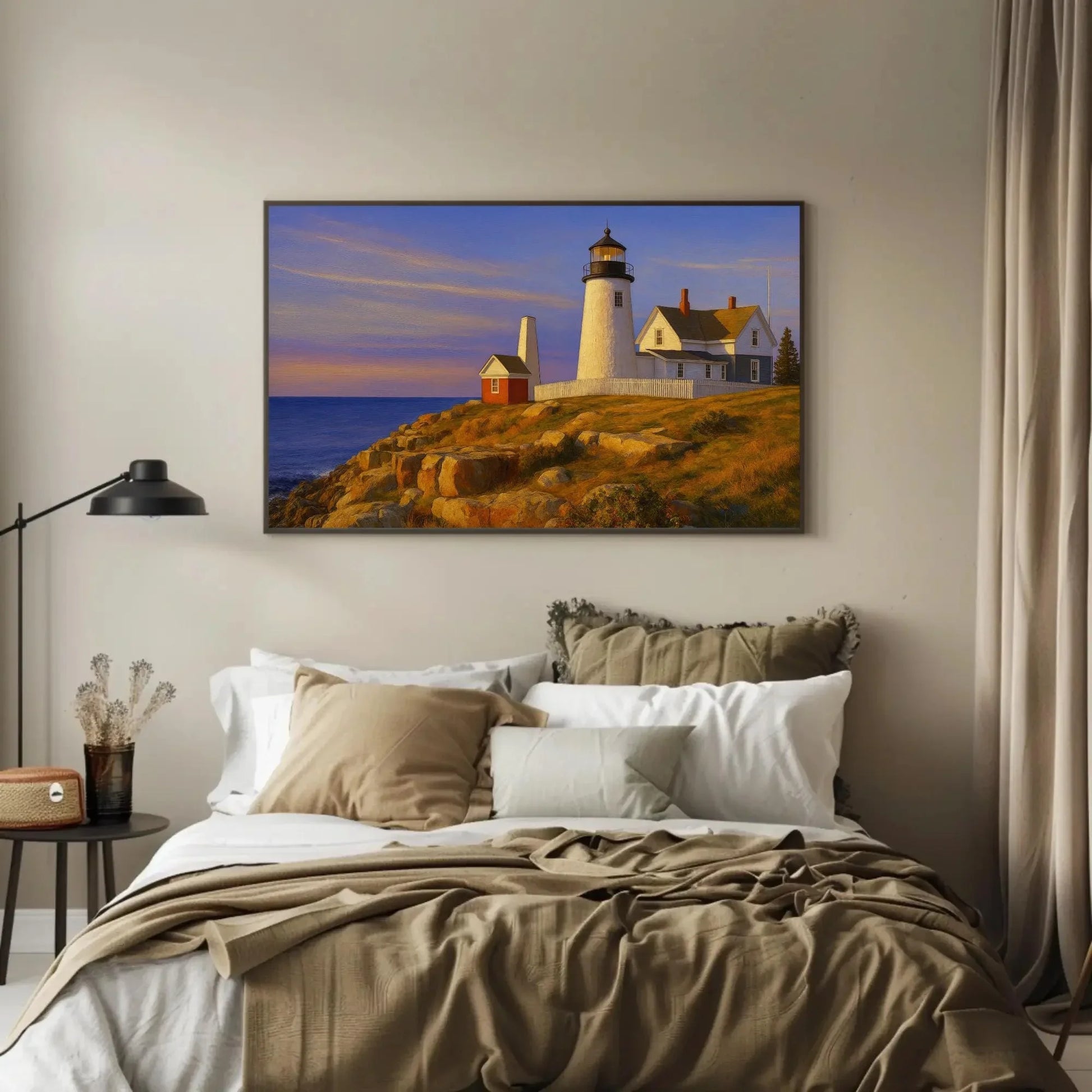 Maine lighthouse canvas wall art print coastal cliff sunset painting for beach house decor living room or nautical themed interiors Wall Art – Canvas Print