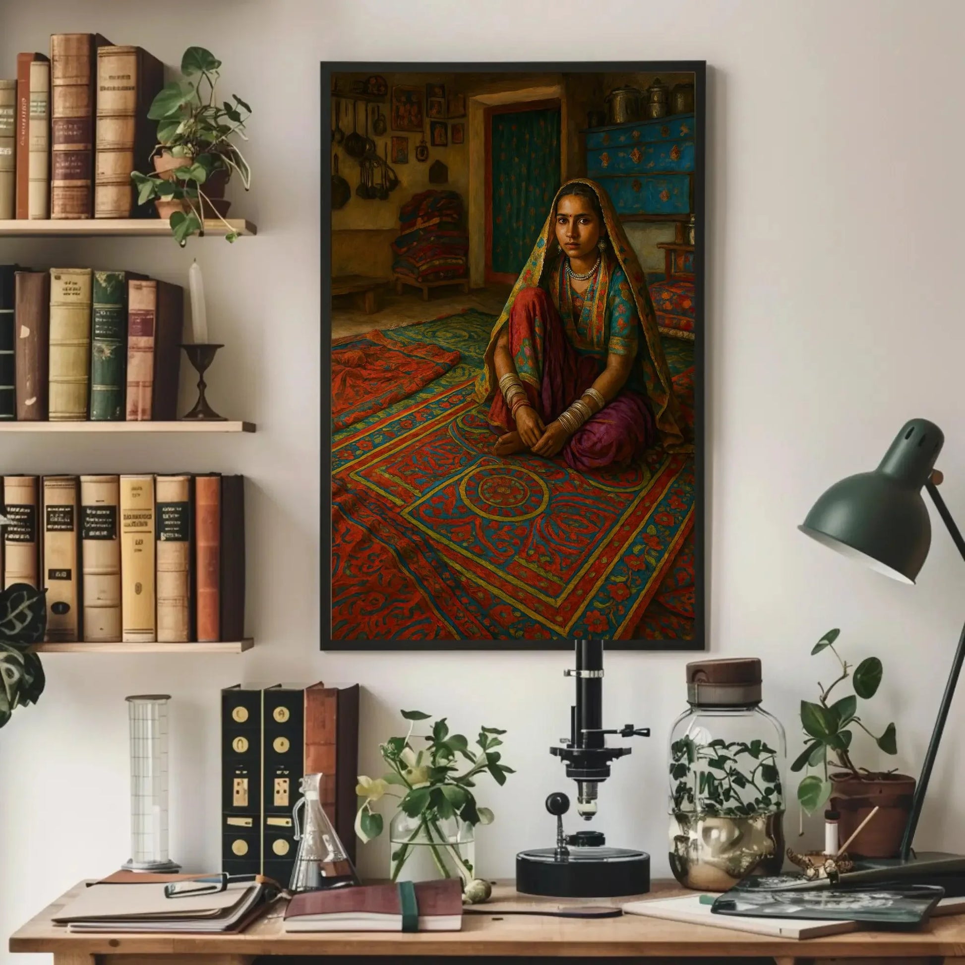 Traditional Gujarati Woman in Vibrant Rural Home Interior Sitting on Red Blue Rug Canvas Painting Cultural Wall Art Print Wall Art – Canvas Print