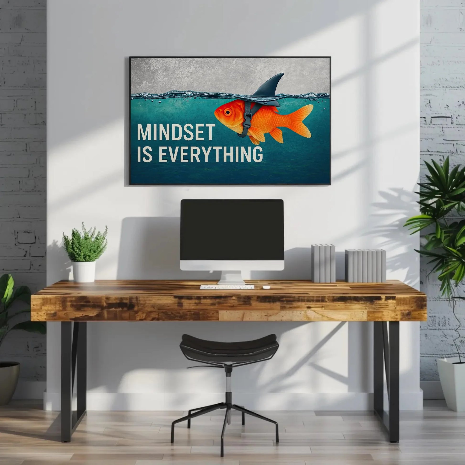 Mindset Is Everything Canvas Print, Extra Large Motivational Blue Goldfish with Shark Fin Wall Art, Inspirational Decor for Office, Gym Wall Art – Canvas Print