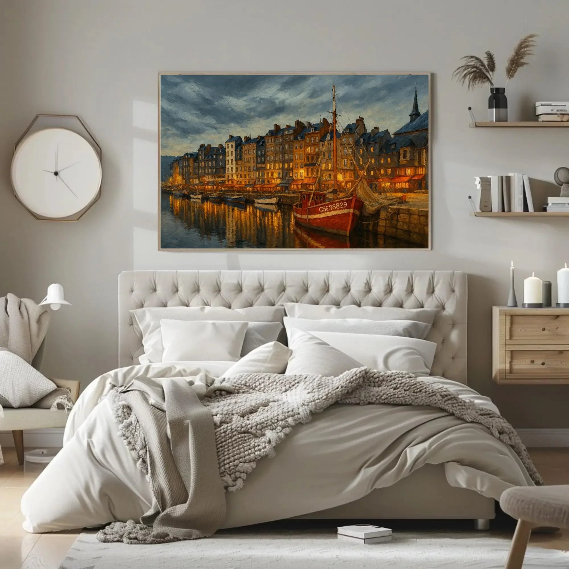 Honfleur France Harbor at Twilight Canvas Print Red Boat Seaside Town Wall Art for Coastal Decor and European Travel Gift Wall Art – Canvas Print