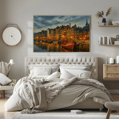 Honfleur France Harbor at Twilight Canvas Print Red Boat Seaside Town Wall Art for Coastal Decor and European Travel Gift Wall Art – Canvas Print