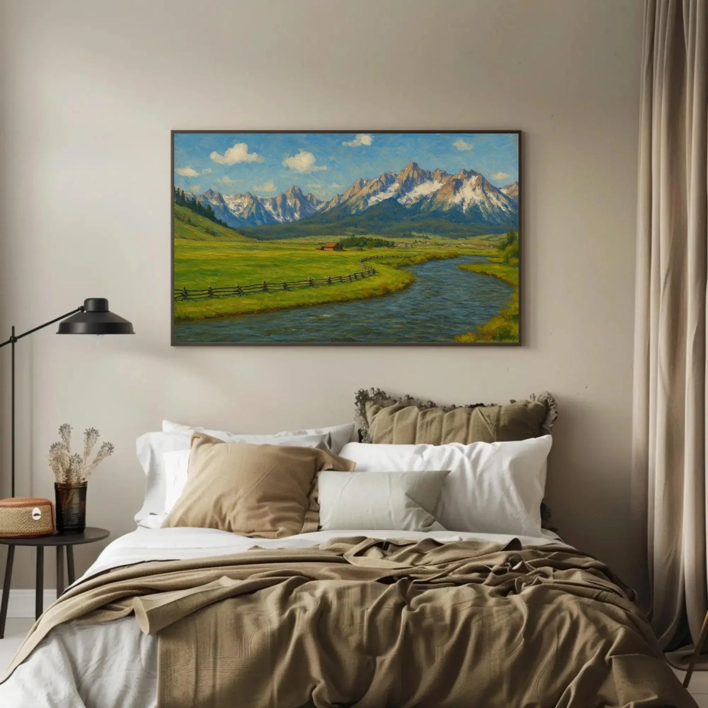 Teton Mountains and Snake River Canvas Art Print for Office or Lodge Wall Decor – Rustic Nature Landscape Painting for Country Homes Wall Art – Canvas Print