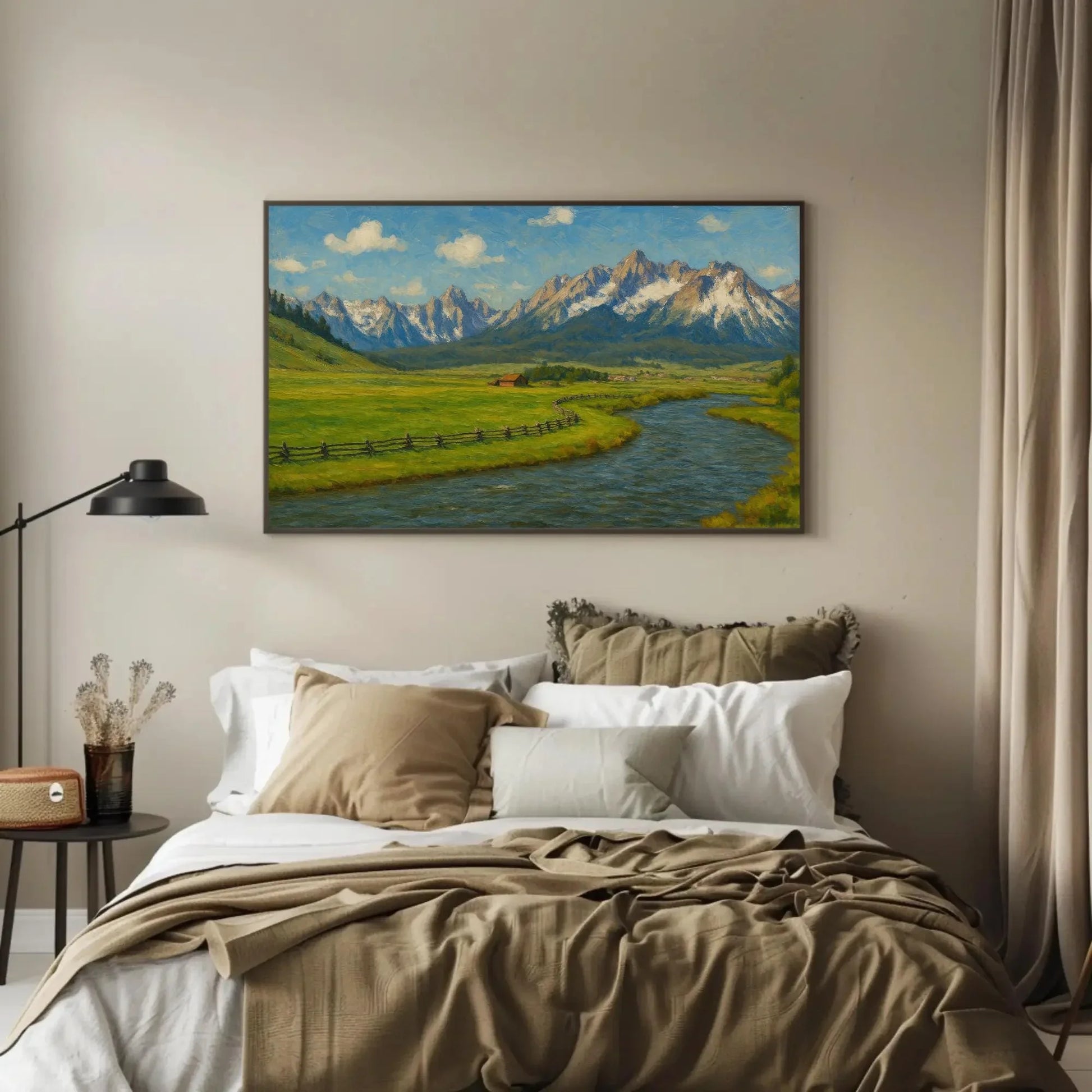 Teton Mountains and Snake River Canvas Art Print for Office or Lodge Wall Decor – Rustic Nature Landscape Painting for Country Homes Wall Art – Canvas Print